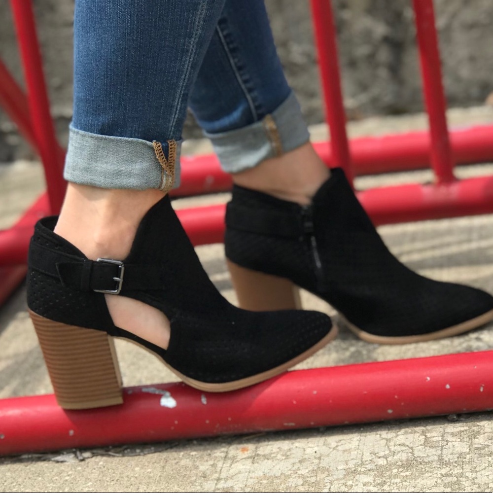 Black Perforated Buckle Booties
